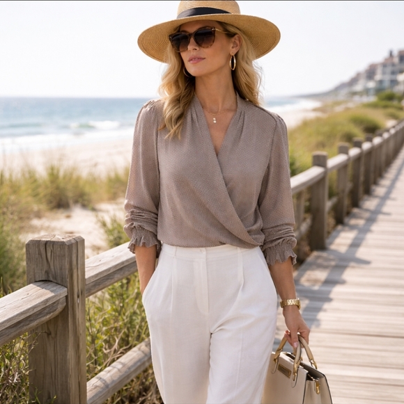 Adrianna Papell Taupe  Moroccan Tile Print Surplice Top Smocked Cuffs Chic sz S - Picture 8 of 10